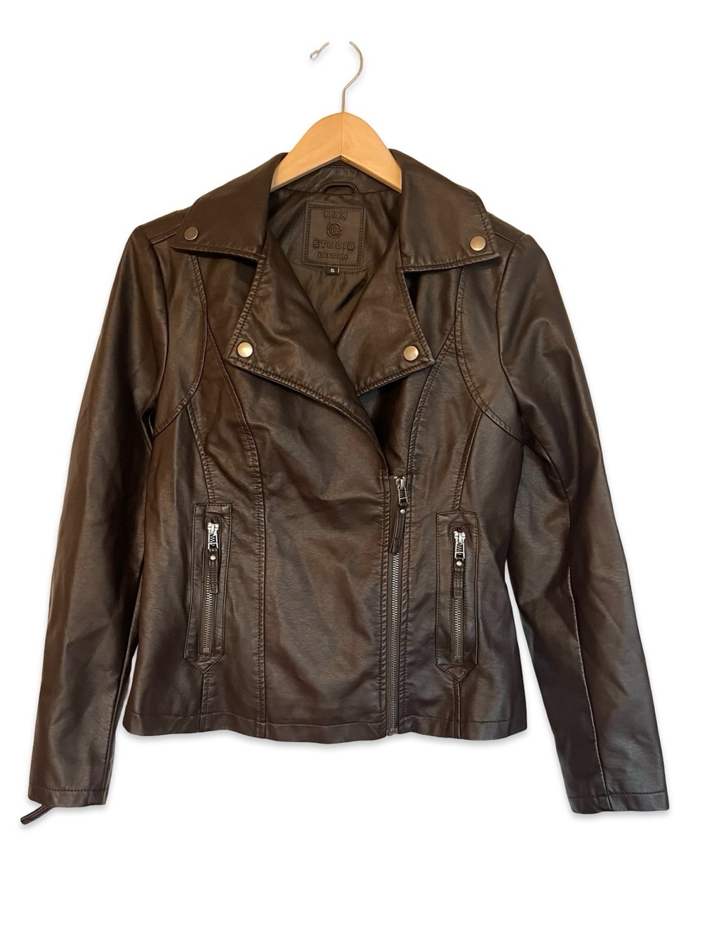 Max Studio faux leather moto jacket Size S Chocolate brown Vegan Neutral Edgy